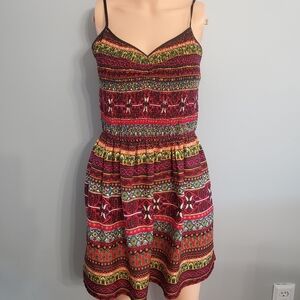 Band Of Gypsies Multicolor Strappy Smocked Dress M Pockets Aztec Tribal Western